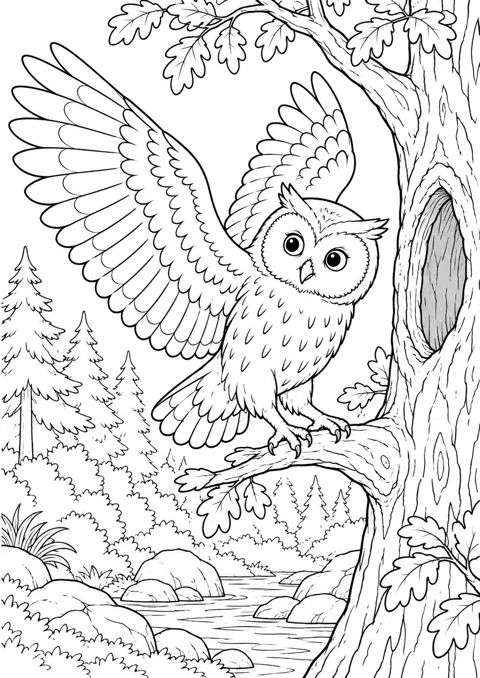 Hibou près de son arbre, dessin en noir et blanc à colorier