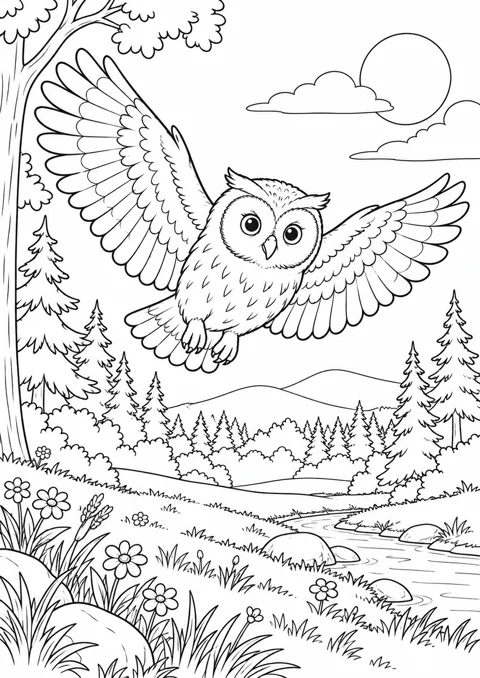 Hibou au-dessus de la prairie, dessin en noir et blanc à colorier