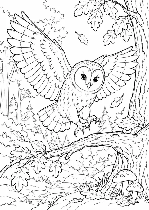 Hibou et feuillage d’automne, dessin en noir et blanc à colorier