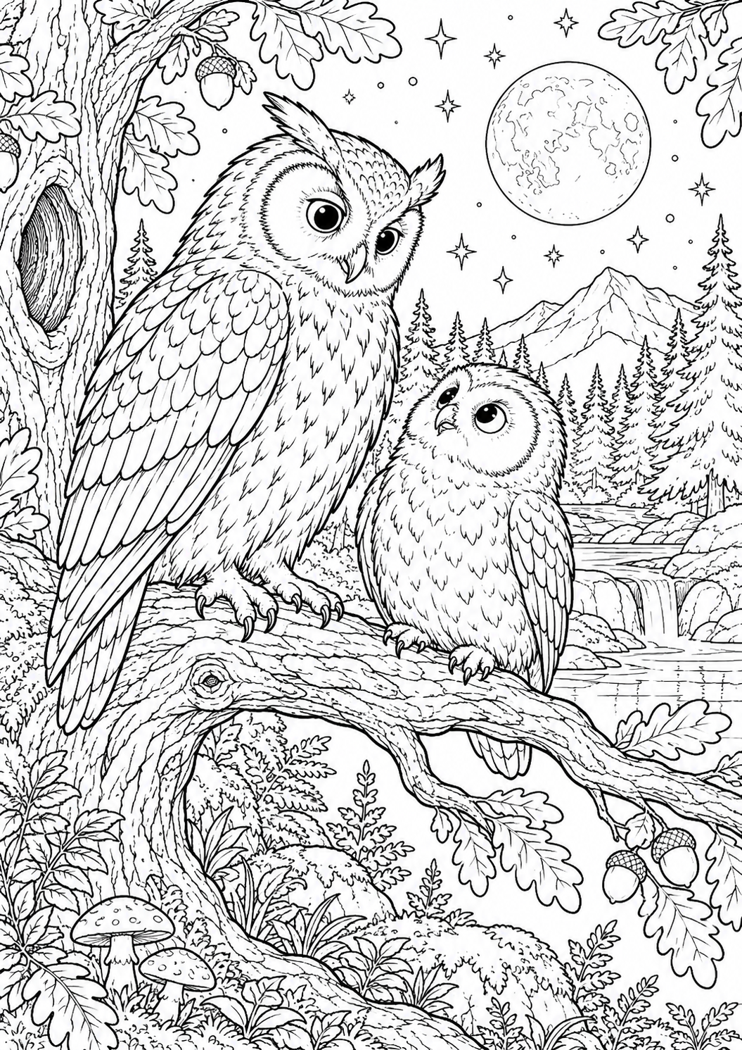 Deux hiboux sous les étoiles : coloriage original à imprimer