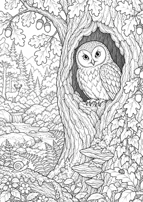 Hibou au creux du vieux chêne, dessin en noir et blanc à colorier