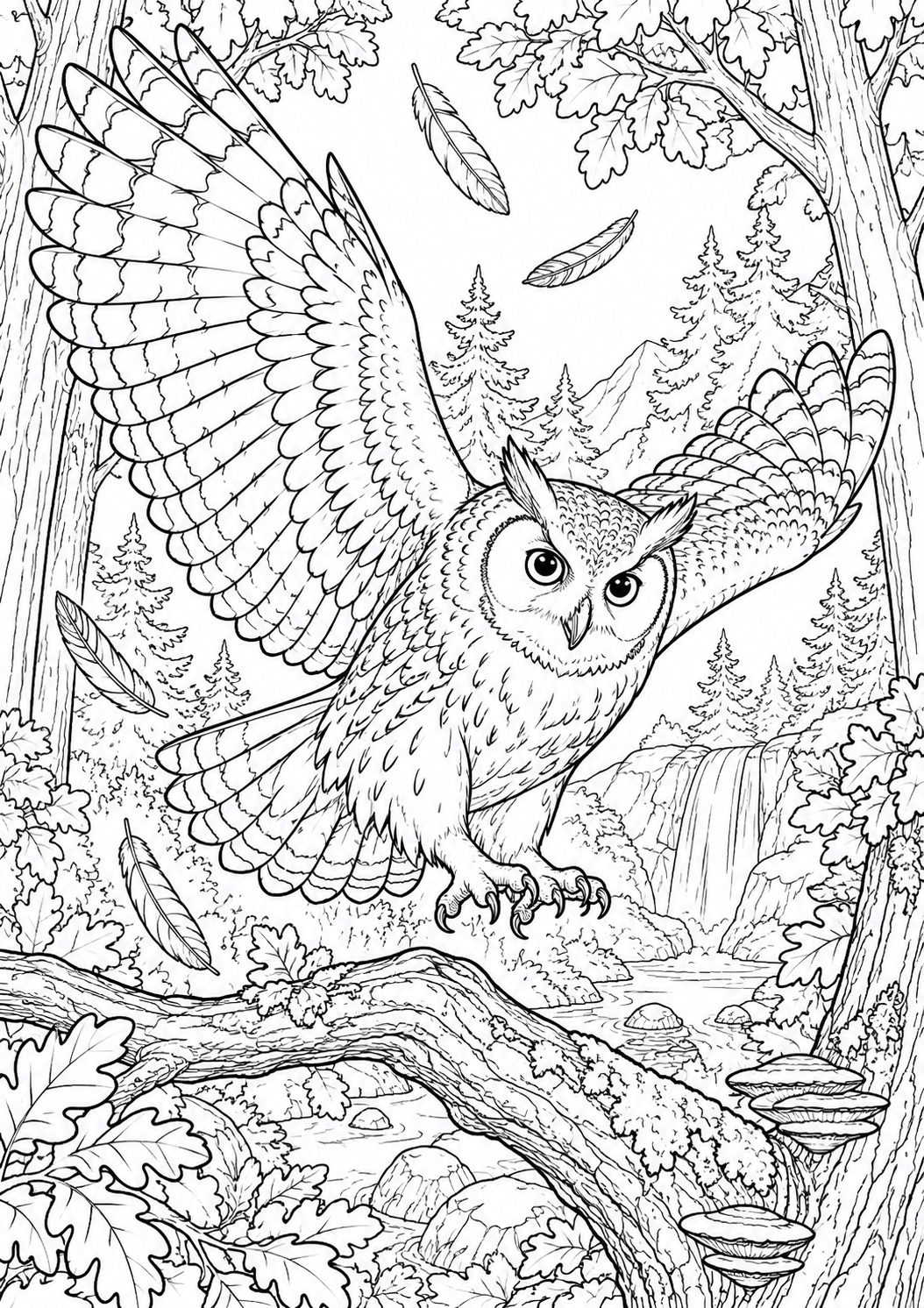Hibou et motifs de plumes : coloriage original à imprimer