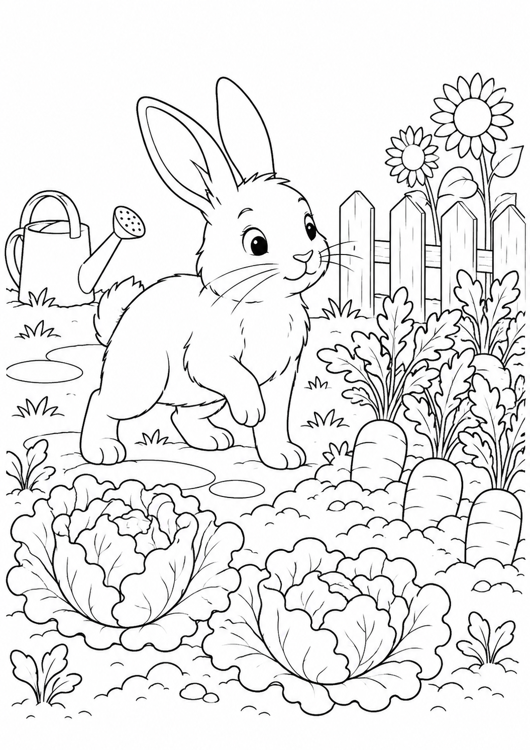 Lapin au potager : coloriage original à imprimer