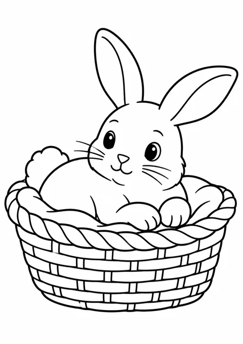 Lapin dans son panier, dessin en noir et blanc à colorier
