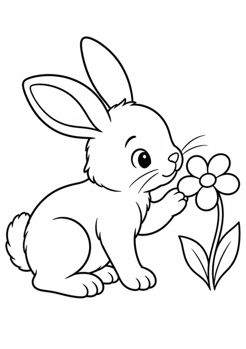 Lapereau et fleur, dessin en noir et blanc à colorier