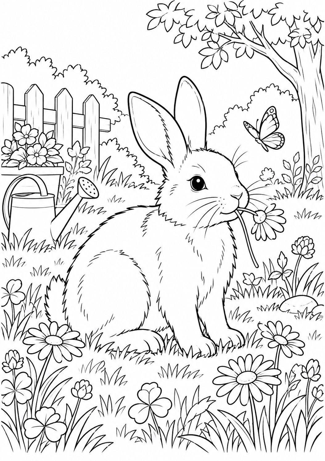 Lapin dans la prairie : coloriage original à imprimer