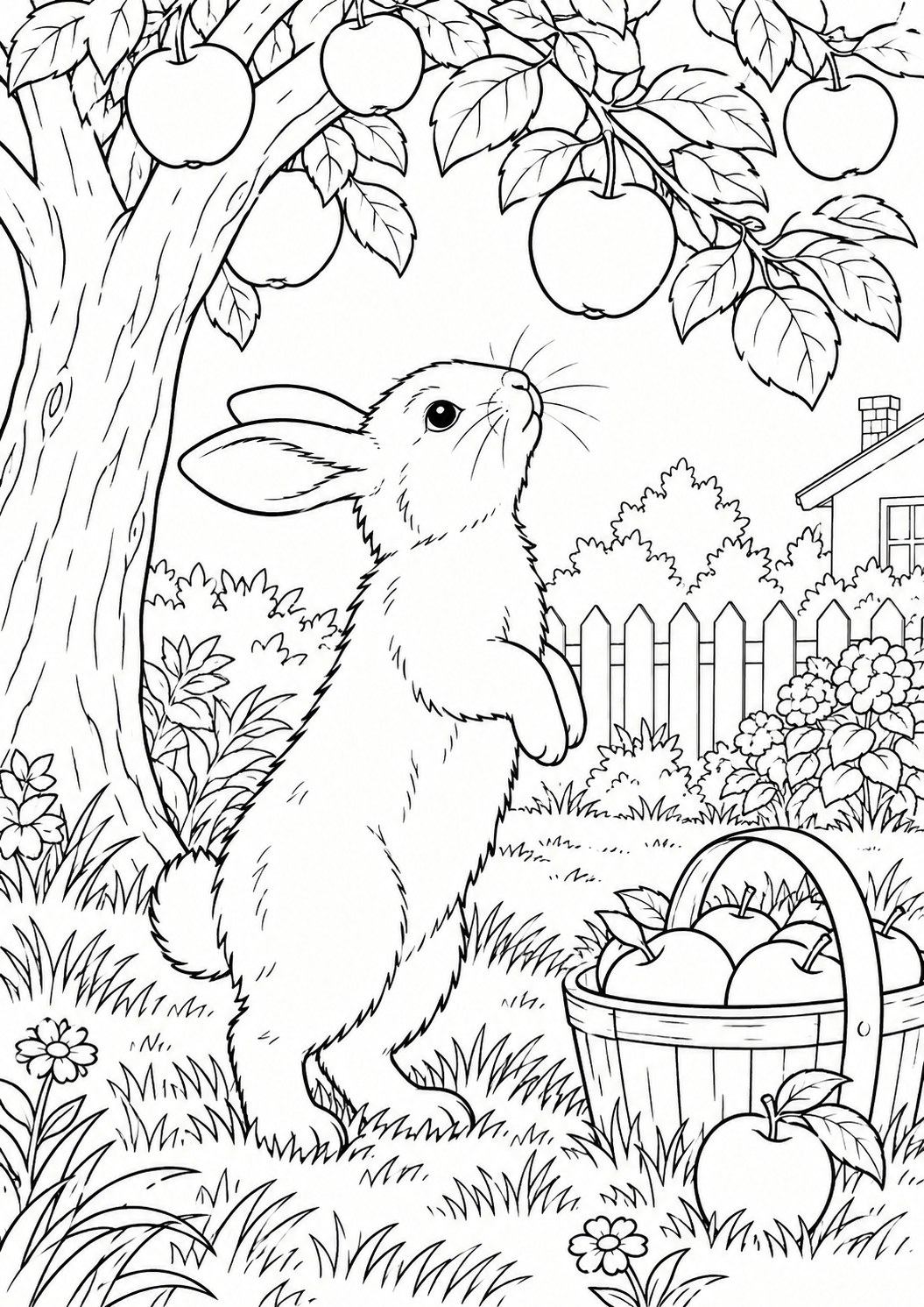 Lapin sous un pommier : coloriage original à imprimer