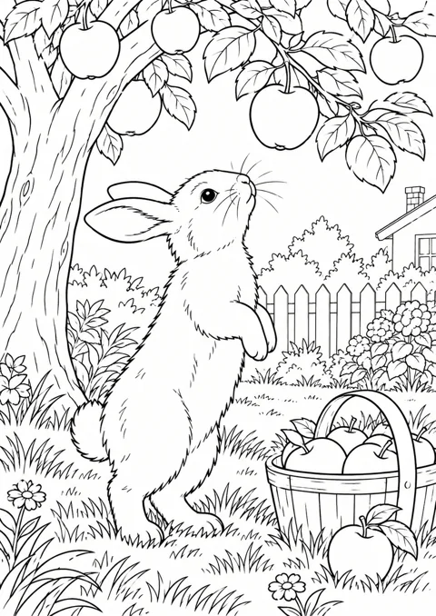 Lapin sous un pommier, dessin en noir et blanc à colorier