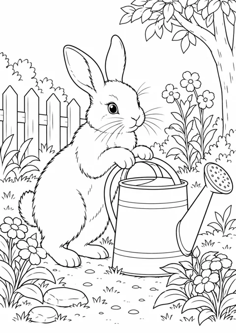 Lapin près d’un arrosoir, dessin en noir et blanc à colorier