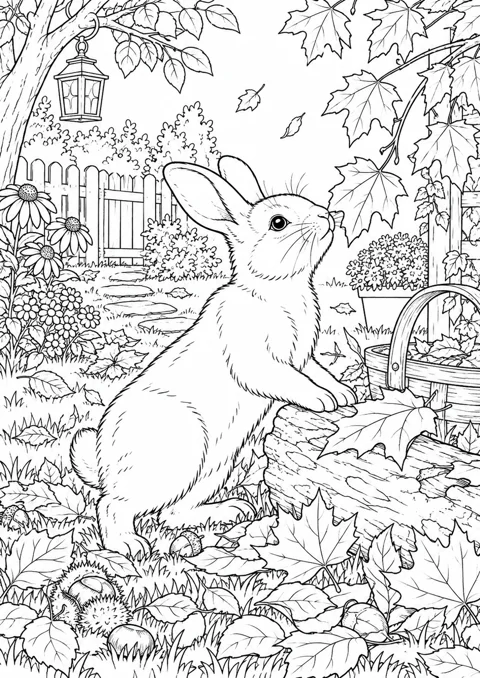 Lapin et feuilles d’automne, dessin en noir et blanc à colorier