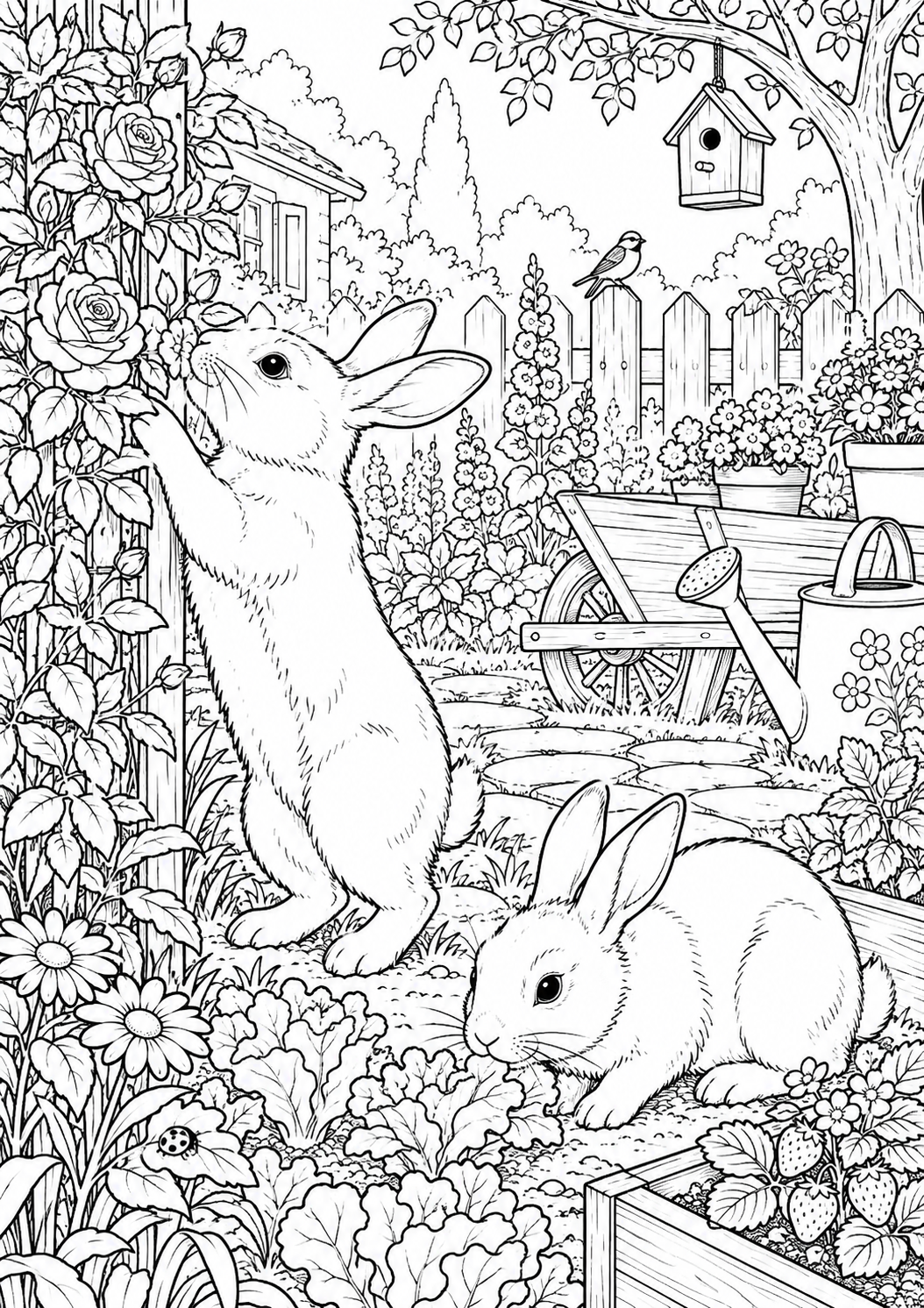 Deux lapins au jardin : coloriage original à imprimer