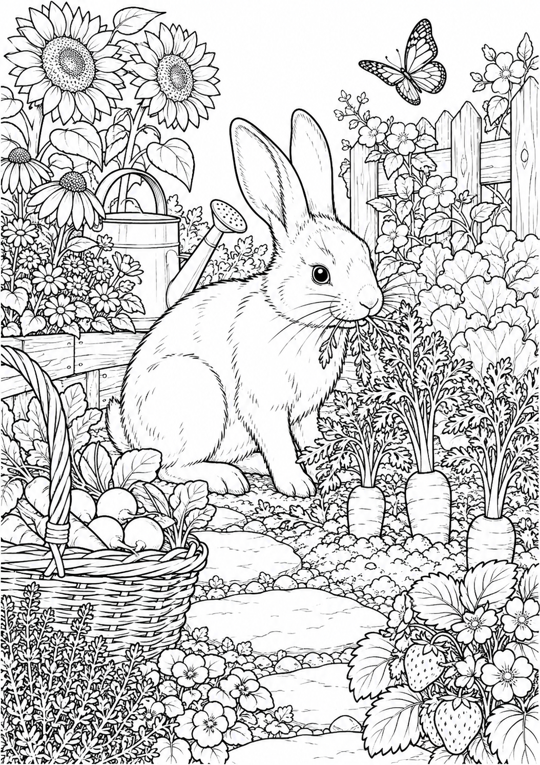 Lapin dans un potager fleuri : coloriage original à imprimer