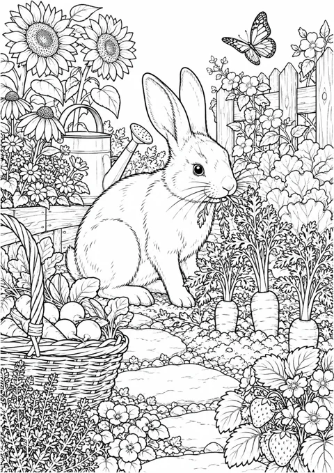 Lapin dans un potager fleuri, dessin en noir et blanc à colorier