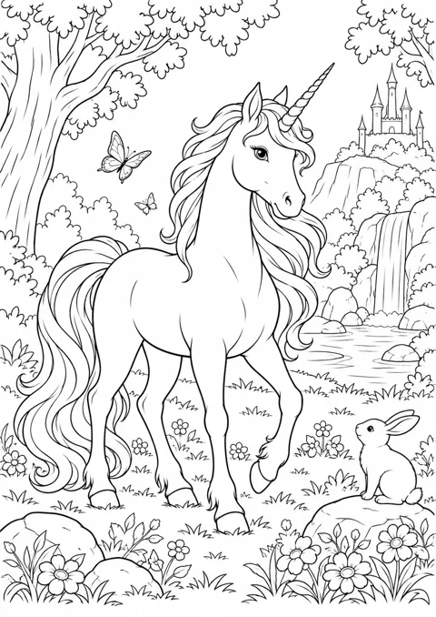 Licorne dans une clairière, dessin en noir et blanc à colorier