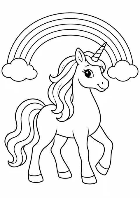 Licorne sous un arc-en-ciel, dessin en noir et blanc à colorier
