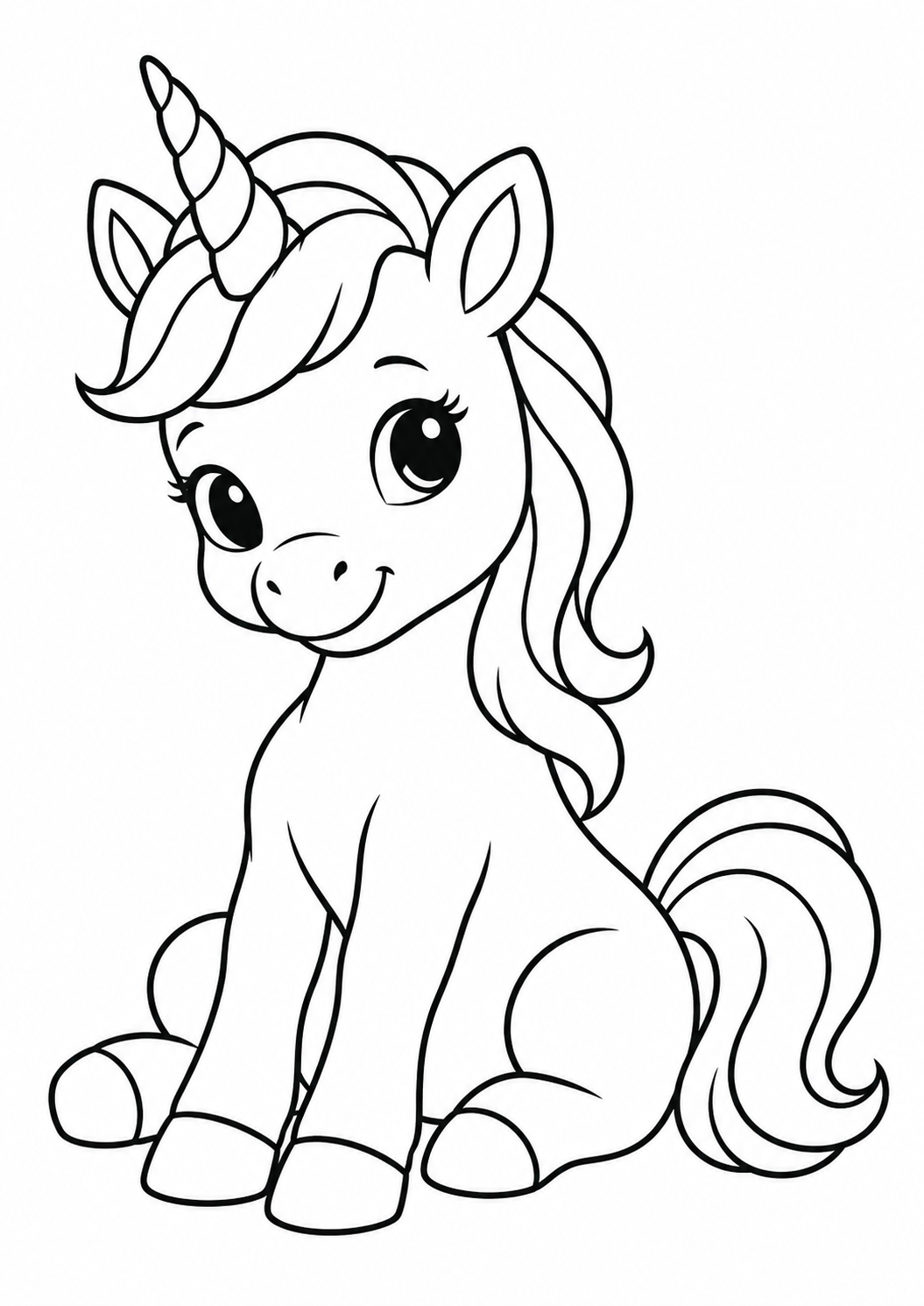 Bébé licorne assis : coloriage original à imprimer