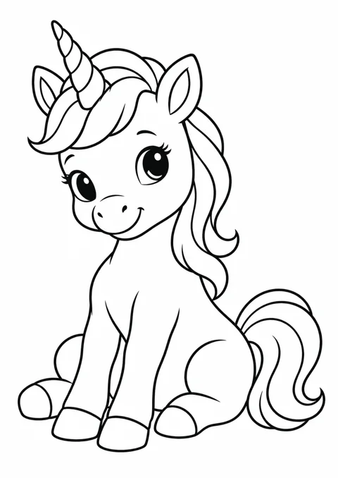 Bébé licorne assis, dessin en noir et blanc à colorier