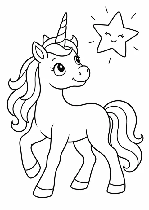 Licorne et étoile, dessin en noir et blanc à colorier