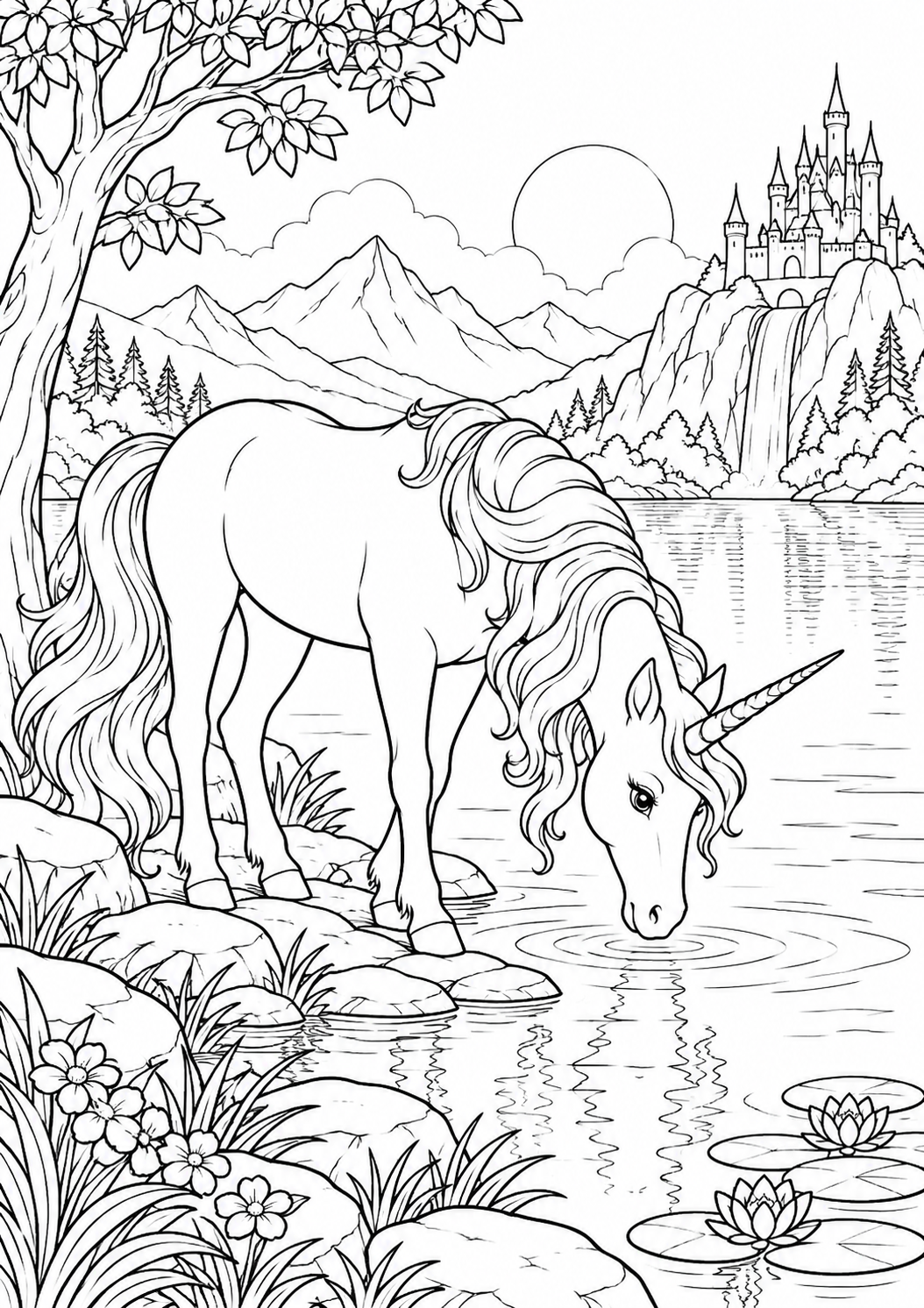 Licorne au bord du lac : coloriage original à imprimer