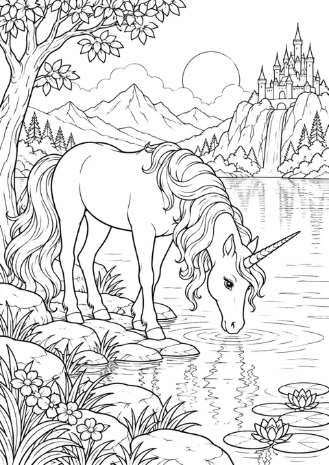 Licorne au bord du lac, dessin en noir et blanc à colorier