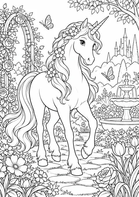 Licorne dans un jardin de fleurs, dessin en noir et blanc à colorier