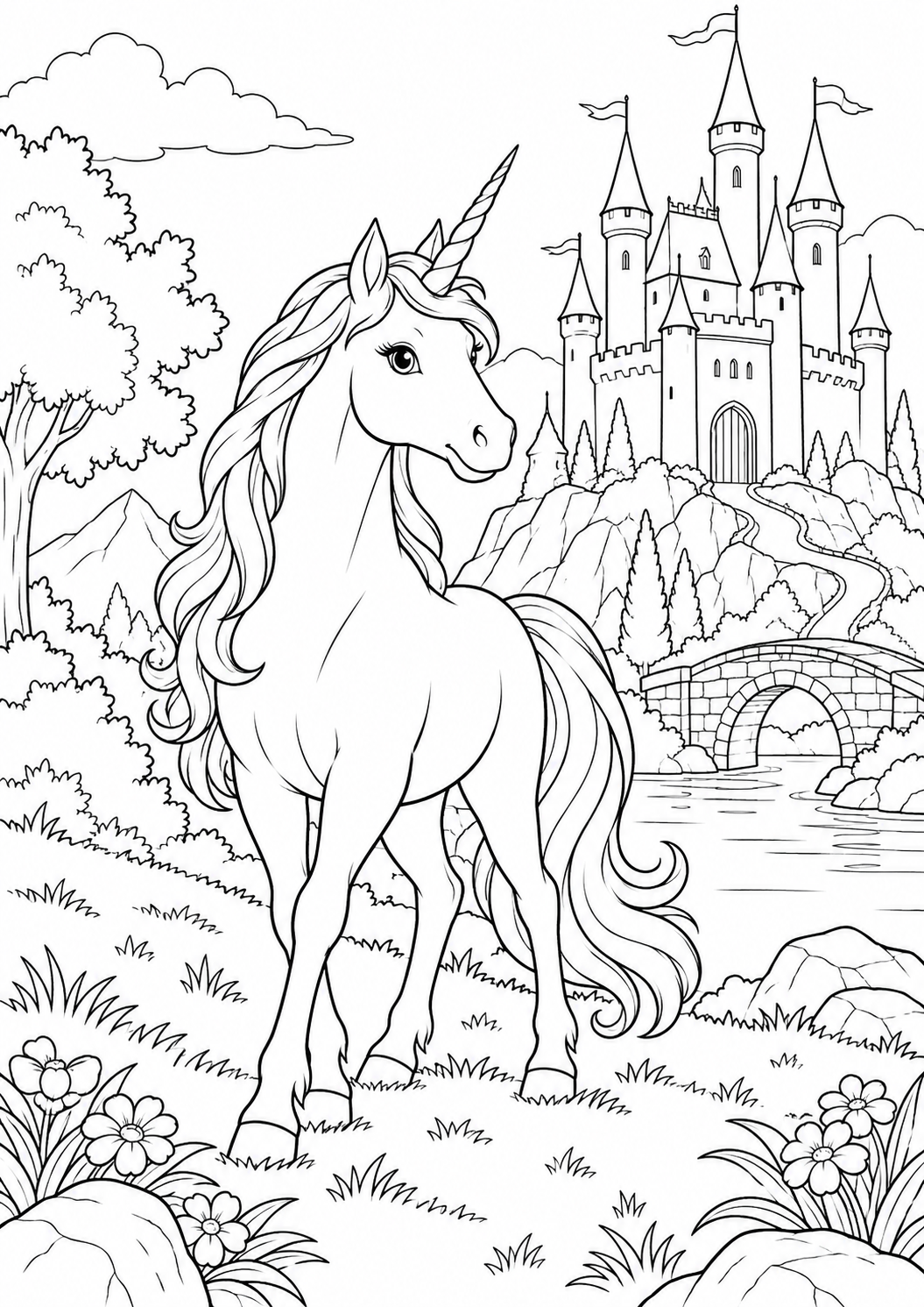 Licorne devant un château : coloriage original à imprimer