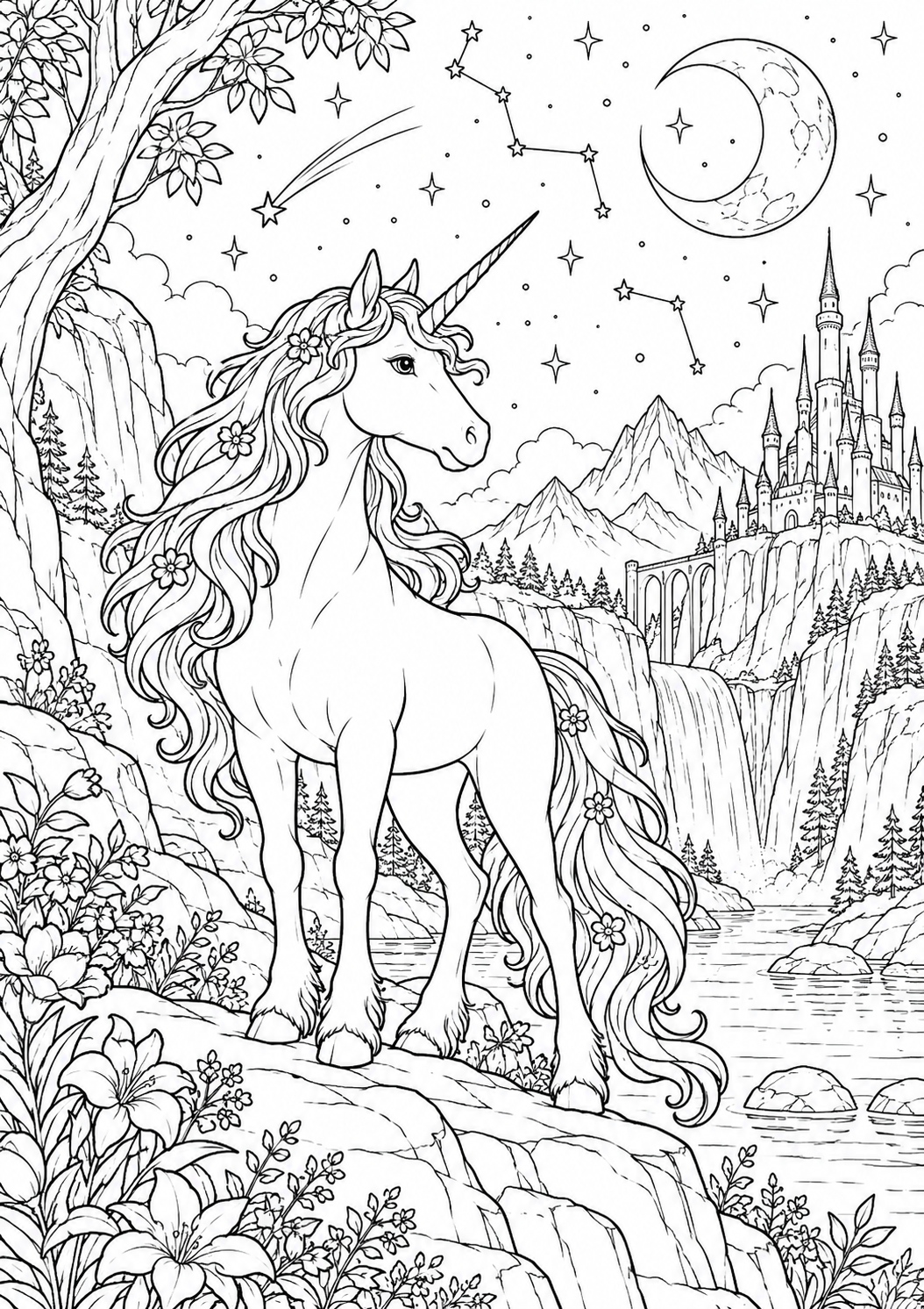 Licorne sous les constellations : coloriage original à imprimer