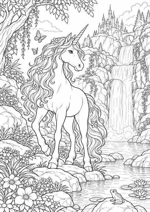 Licorne à la cascade, dessin en noir et blanc à colorier