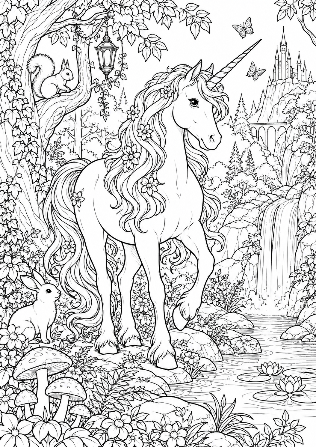 Licorne dans la forêt enchantée : coloriage original à imprimer