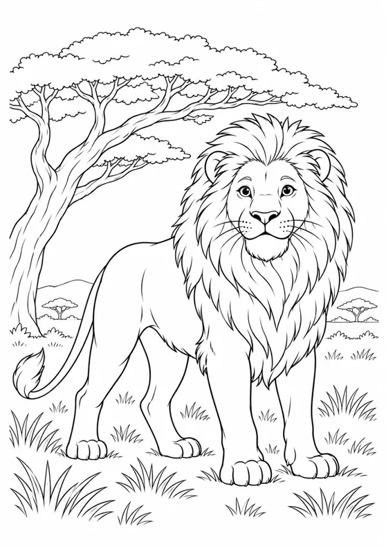 Lion dans la savane, dessin en noir et blanc à colorier