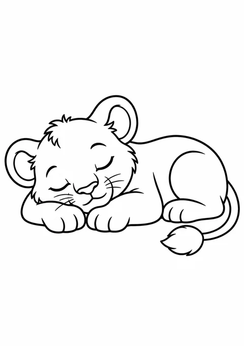 Lionceau qui dort, dessin en noir et blanc à colorier