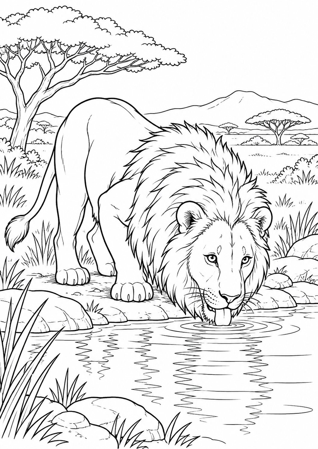 Lion près d’un point d’eau : coloriage original à imprimer