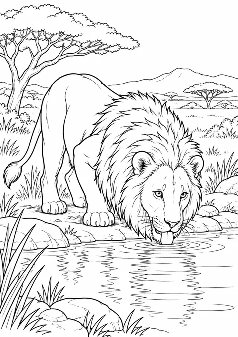 Lion près d’un point d’eau, dessin en noir et blanc à colorier