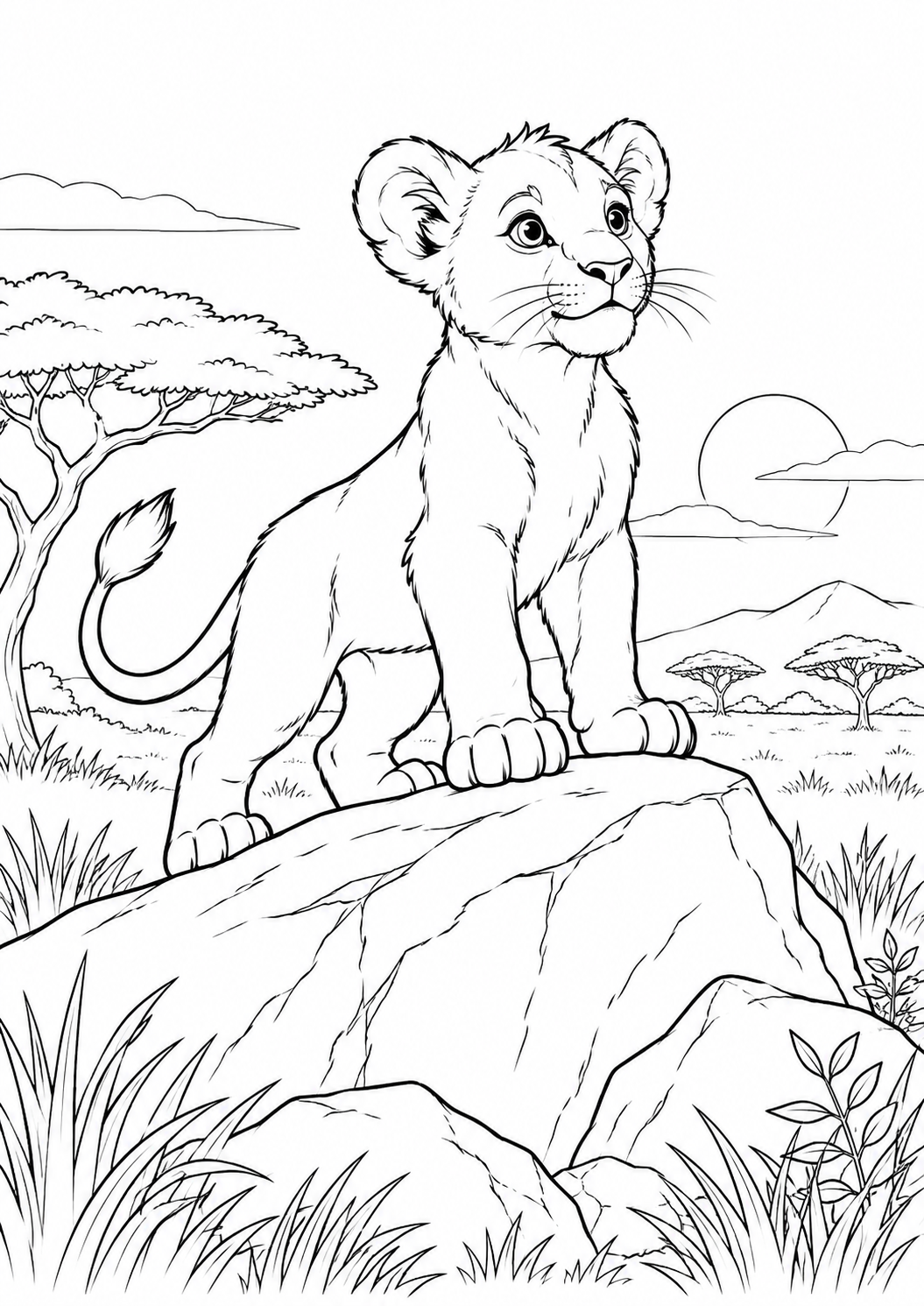 Lionceau sur un rocher : coloriage original à imprimer