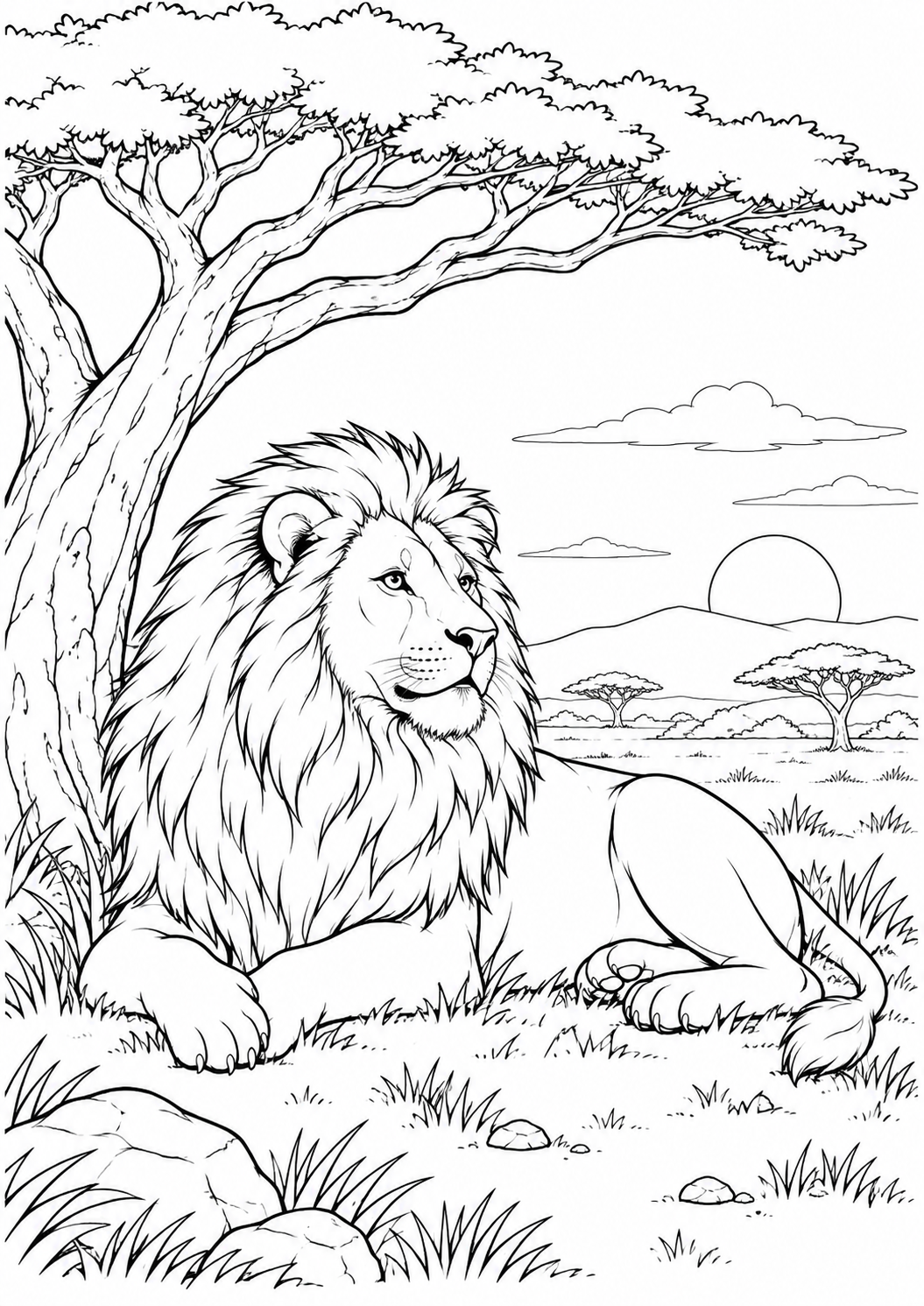 Lion sous un acacia : coloriage original à imprimer