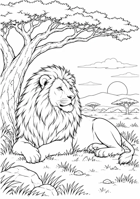 Lion sous un acacia, dessin en noir et blanc à colorier