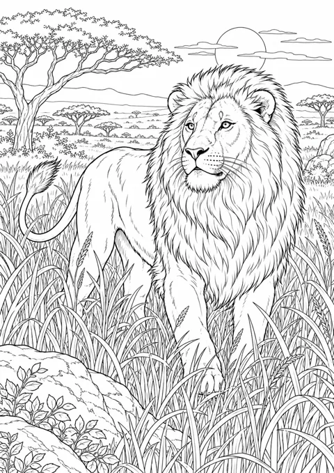 Lion et herbes hautes, dessin en noir et blanc à colorier
