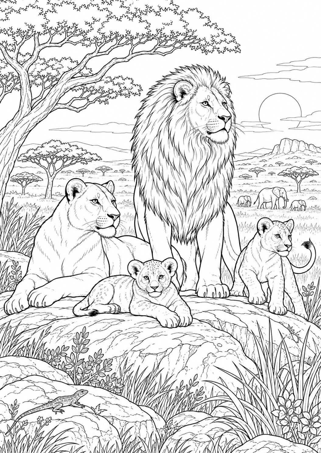 Famille de lions dans la savane : coloriage original à imprimer