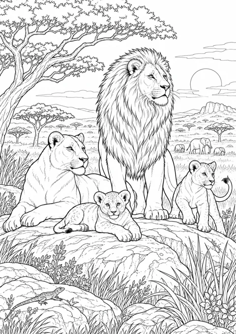Famille de lions dans la savane, dessin en noir et blanc à colorier