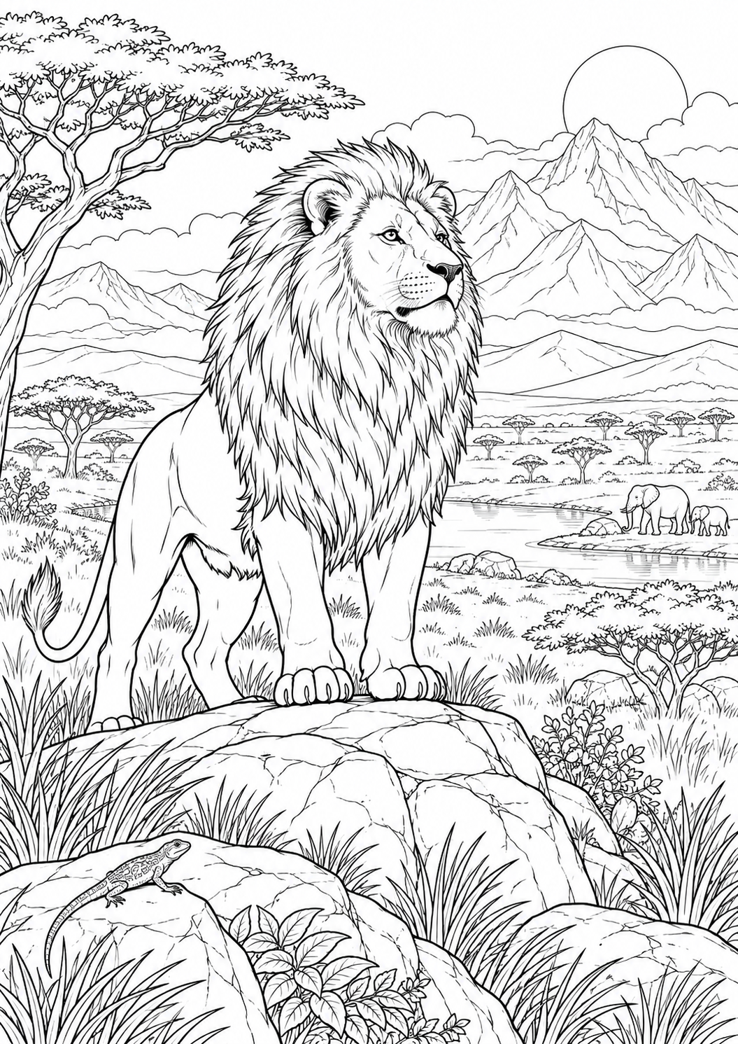 Lion devant les montagnes : coloriage original à imprimer