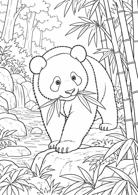 Panda dans la bambouseraie, dessin en noir et blanc à colorier