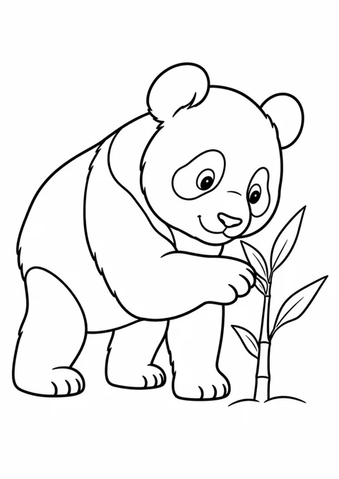 Panda et pousse de bambou, dessin en noir et blanc à colorier