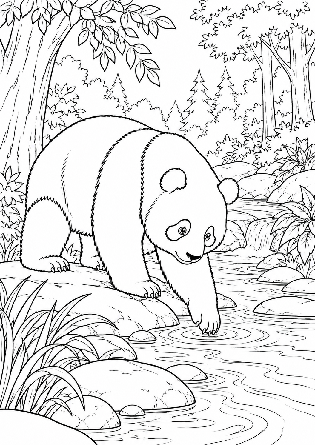 Panda au bord du ruisseau : coloriage original à imprimer