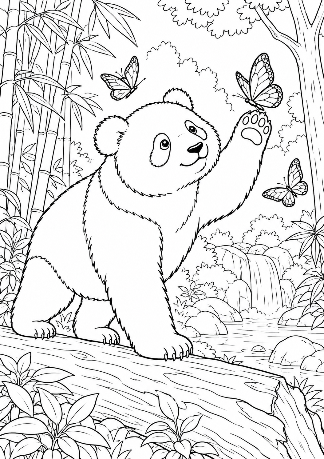 Panda et papillons : coloriage original à imprimer