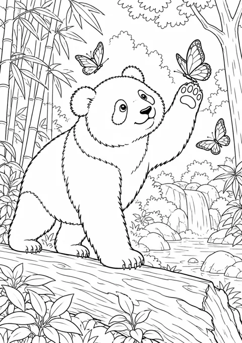 Panda et papillons, dessin en noir et blanc à colorier