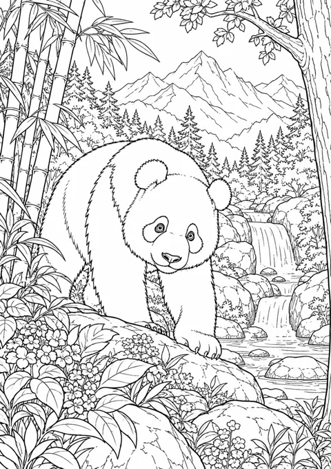 Panda dans la forêt de montagne, dessin en noir et blanc à colorier