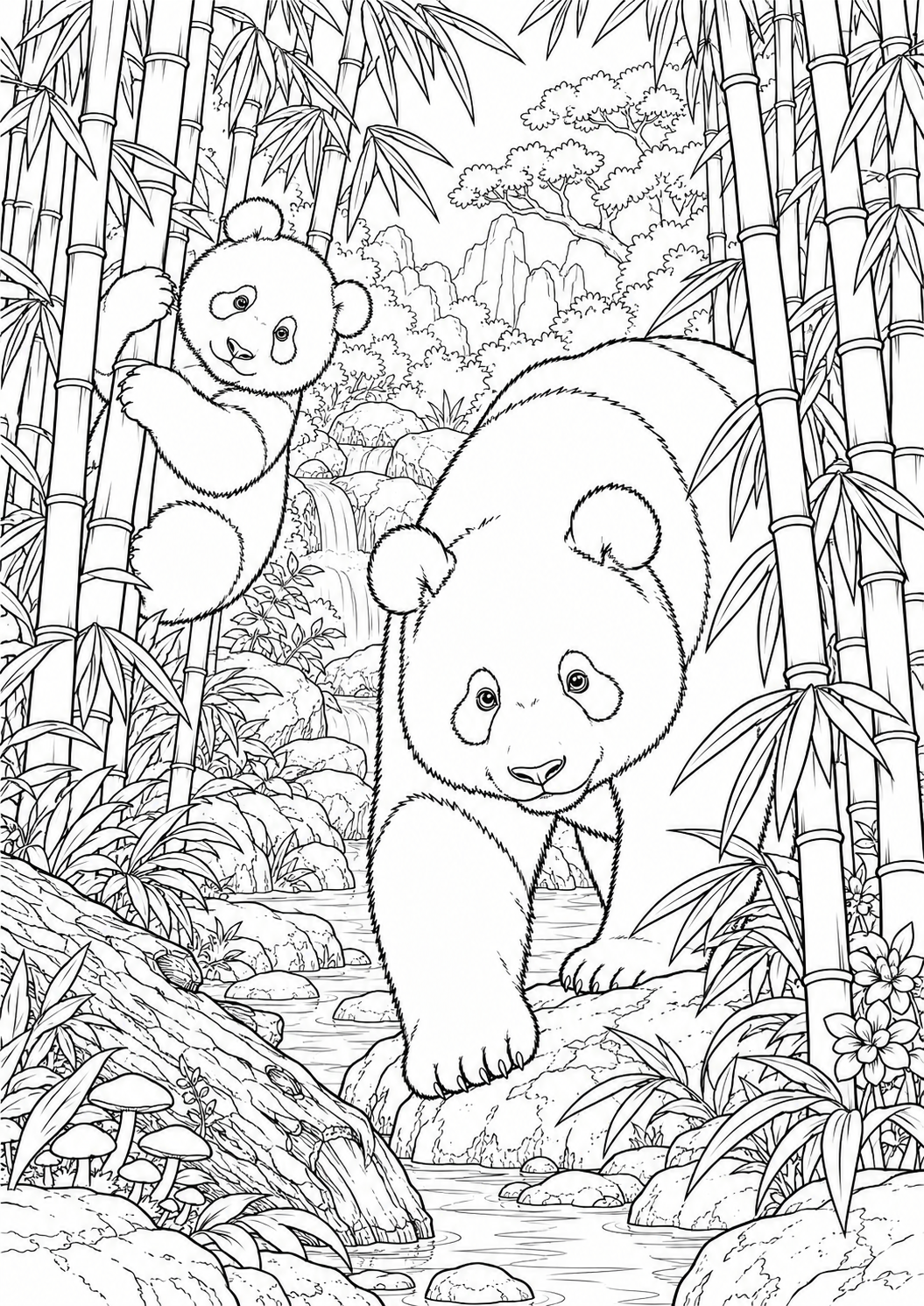 Deux pandas au milieu des bambous : coloriage original à imprimer