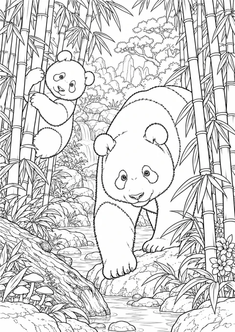 Deux pandas au milieu des bambous, dessin en noir et blanc à colorier
