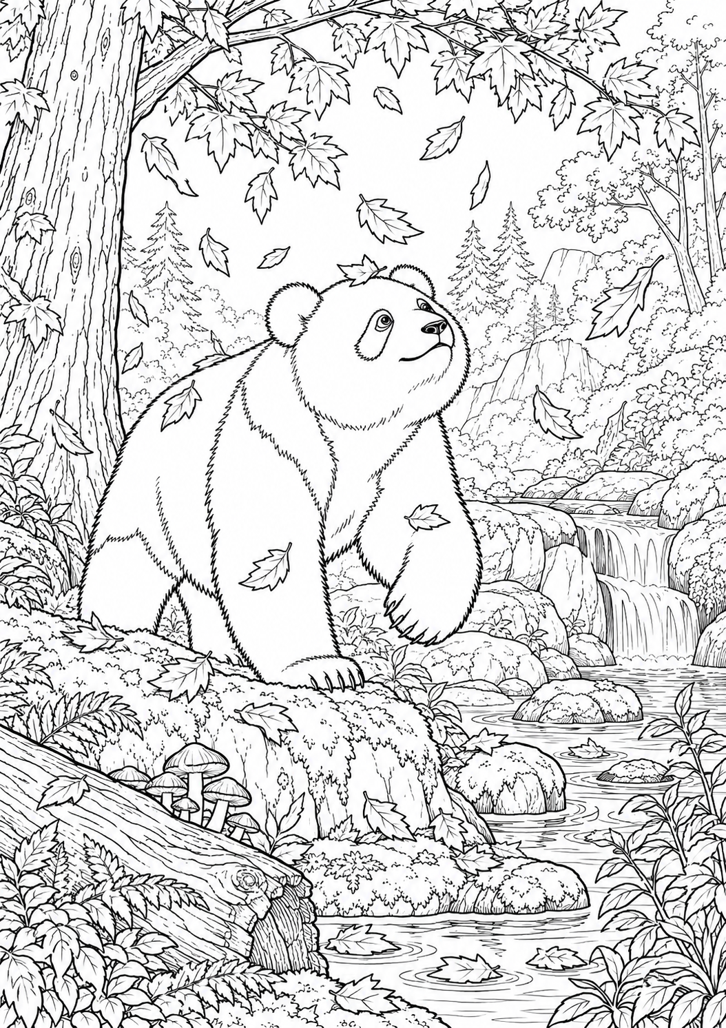Panda sous la pluie de feuilles : coloriage original à imprimer