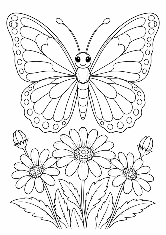 Papillon et marguerites, dessin en noir et blanc à colorier